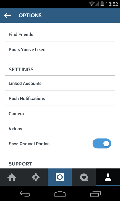 Instagram settings on Android, save photo