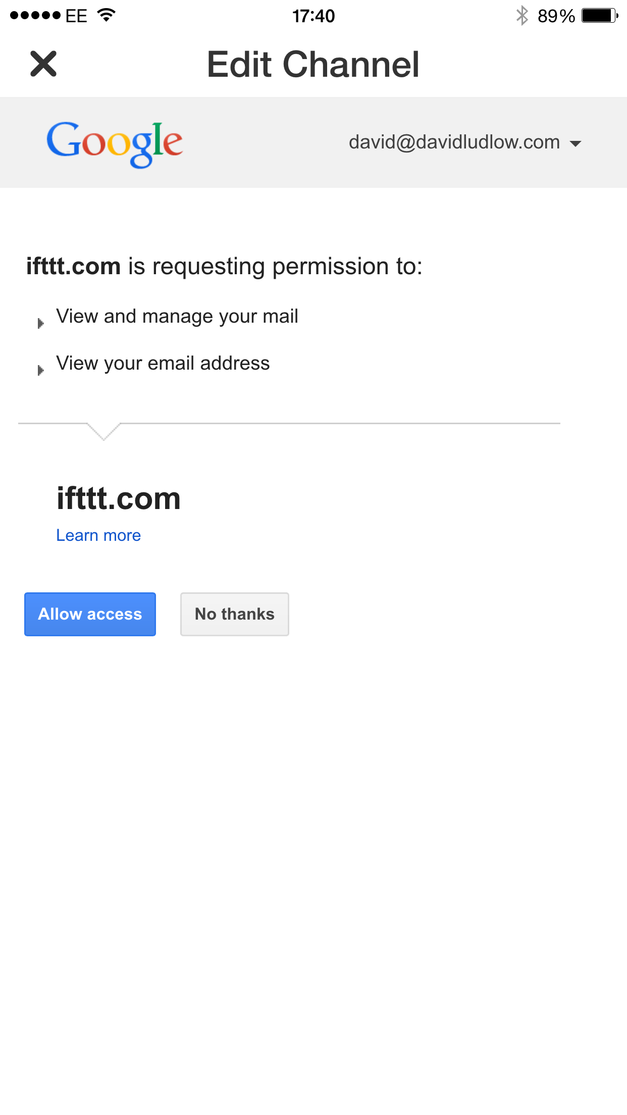 IFTTT activate Gmail channel
