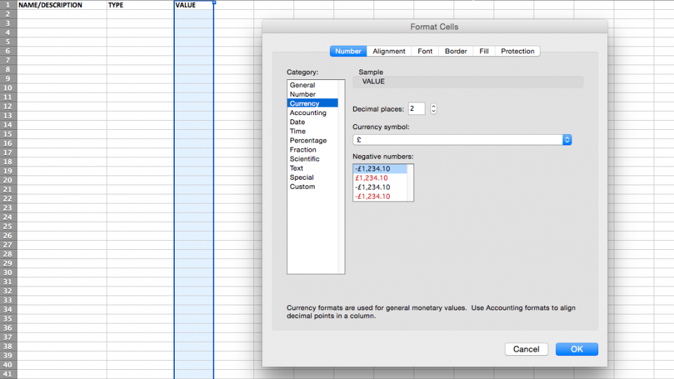 Set up currency format in excel