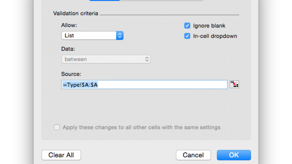 Excel Data Validation select data