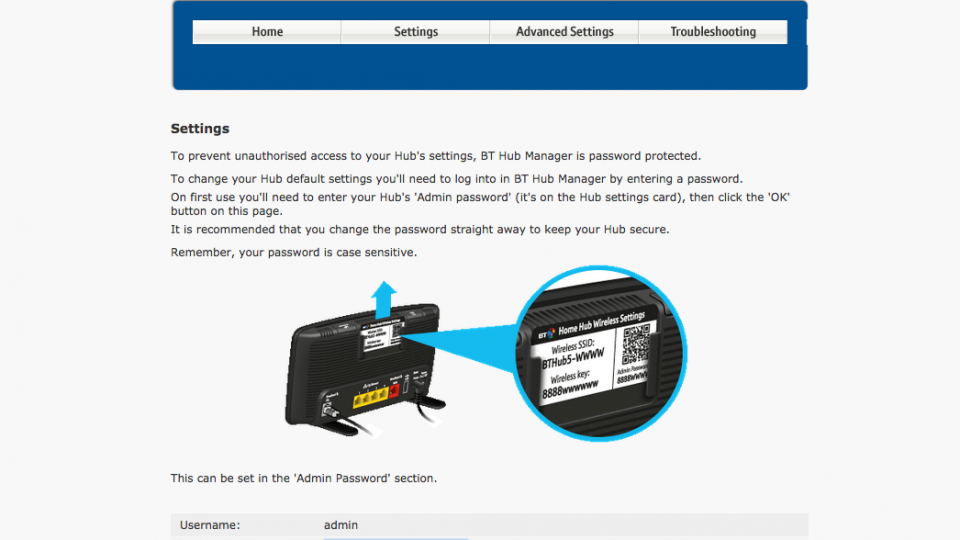 BT Home Hub 5 settings page