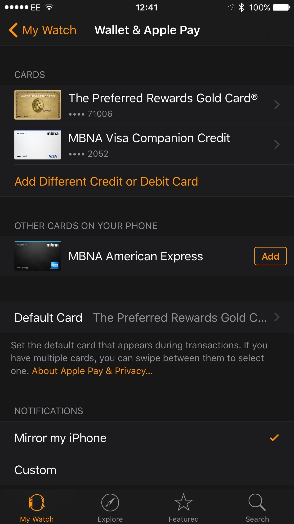 Add credit card to Apple Pay Watch
