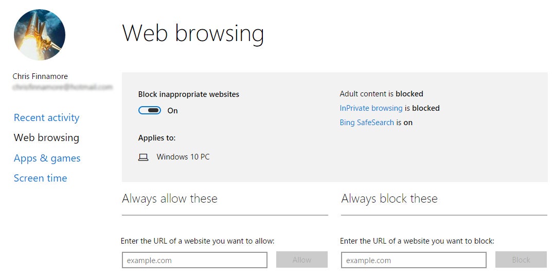 Windows 10 add user - web browsing monitor