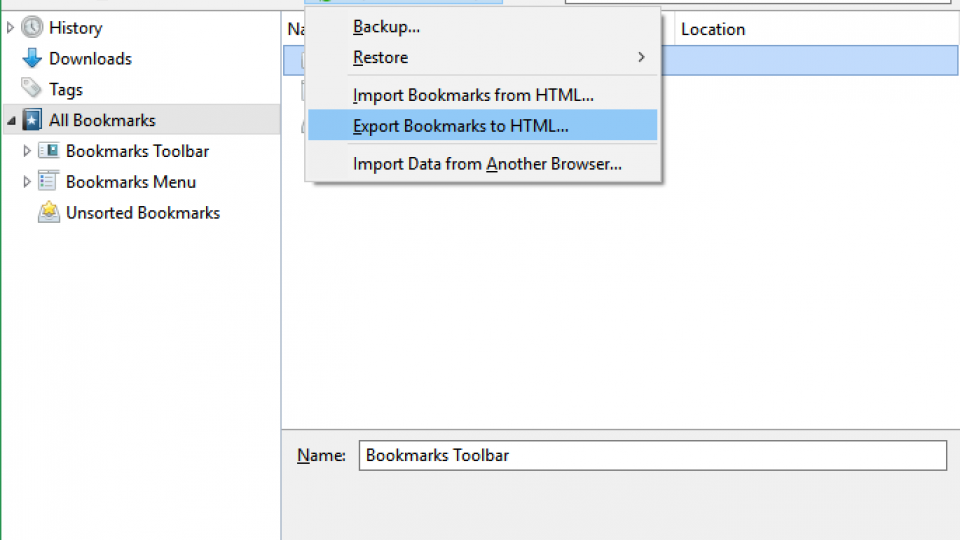 Firefox export bookmarks dialog