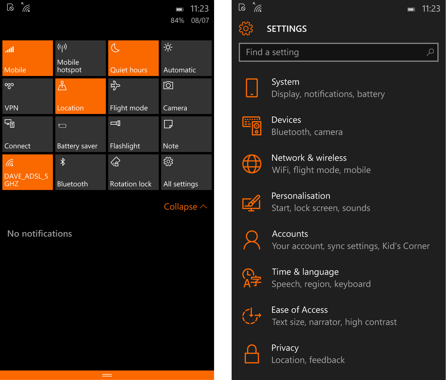 Windows 10 Mobile Action Centre