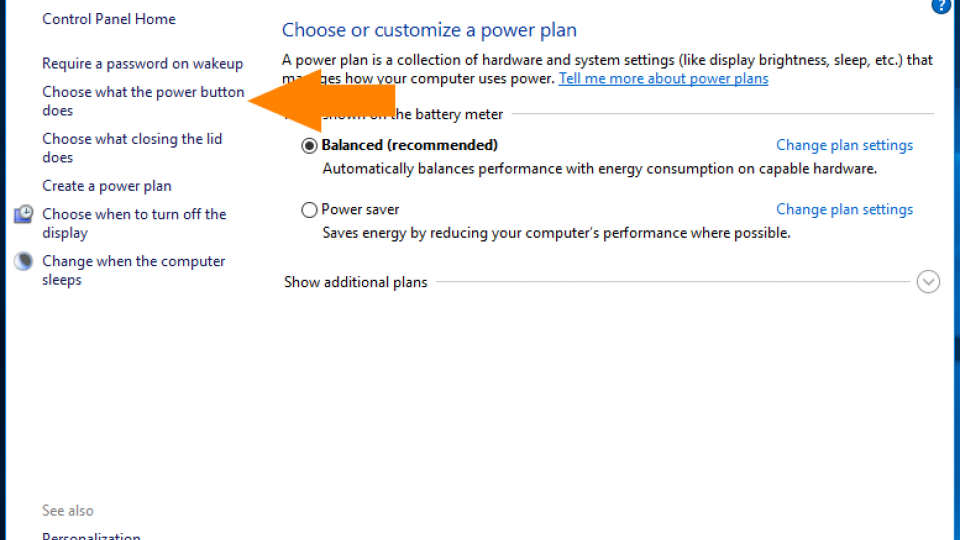 The Power Options menu in Windows 10