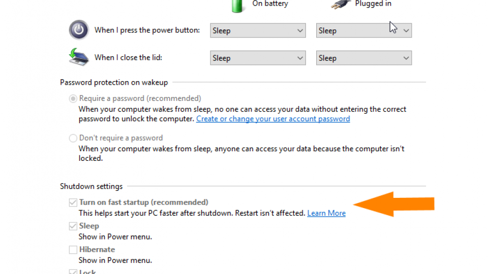 Power button settings in Windows 10