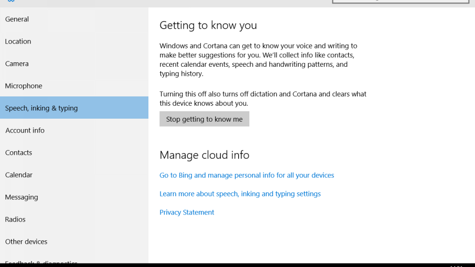 Windows 10 speech, inking and privacy menu