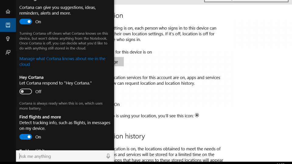 Windows 10 cortana settings