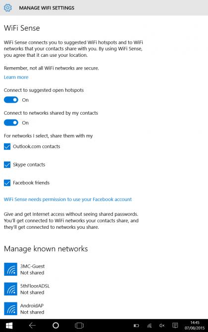 Windows 10 Wi-Fi sense settings