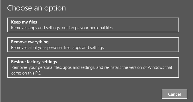 Windows 10 reset choice