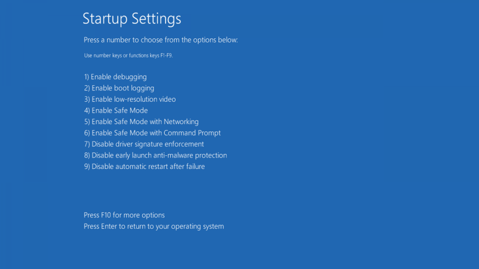 Windows 10 recovery startup settings