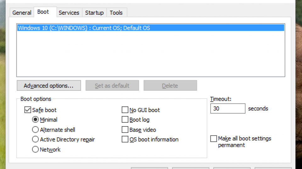 Windows 10 safe mode boot option