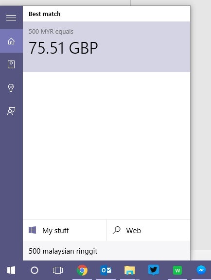 Windows 10 Cortana currency conversion