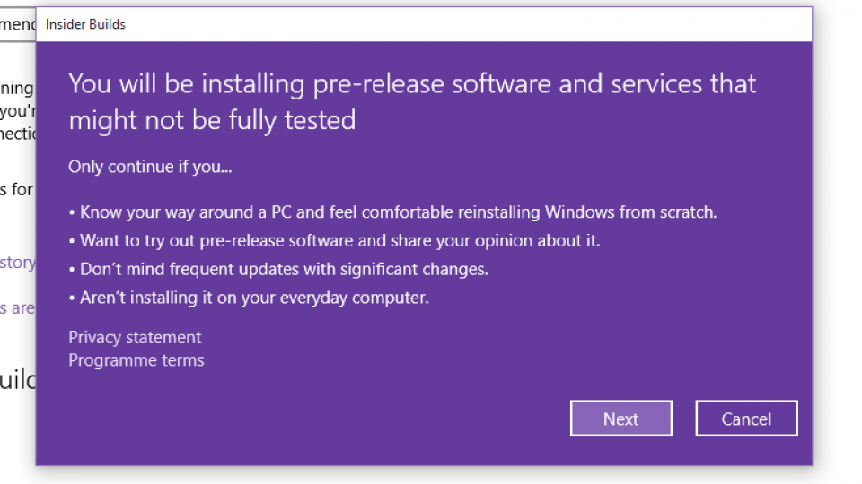 Windows 10 Insider Updates warning