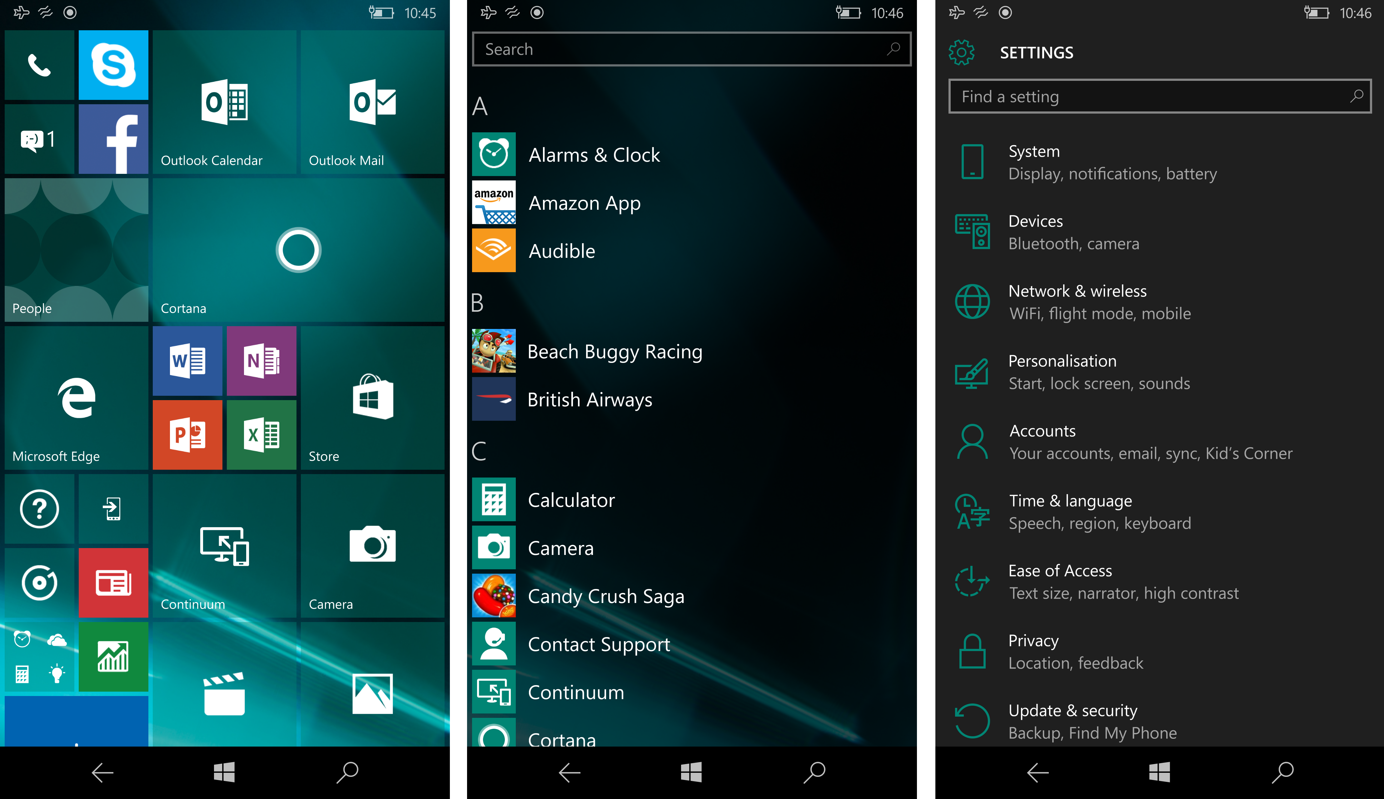 Windows 10 Mobile Start, Apps, Settings screenshot