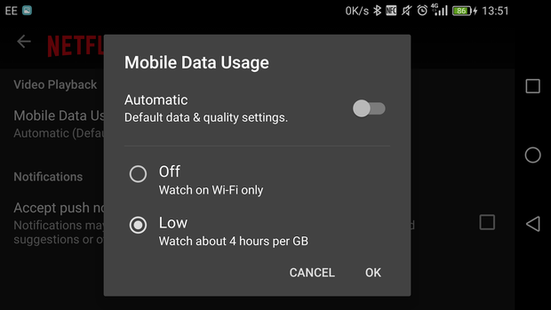 Netflix mobile app data usage