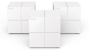 Three nodes from the Tenda Nova MW6 mesh wi-fi router system against a white background