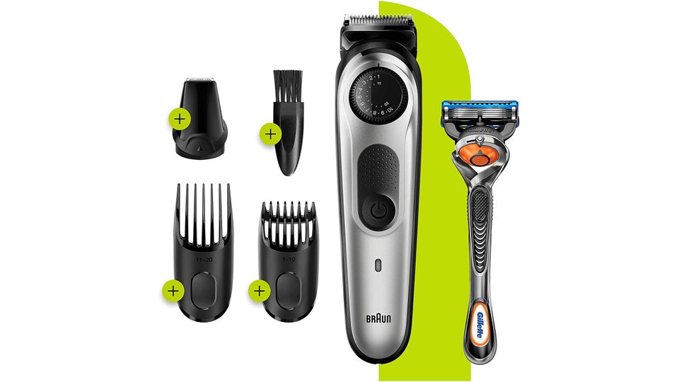 Braun BT5260 beard trimmer with four Braun BT5260 attachments and the Gillette Fusion ProGlide manual razor on a white background with an olive green stripe