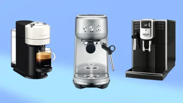 Three coffee machines on a blue background
