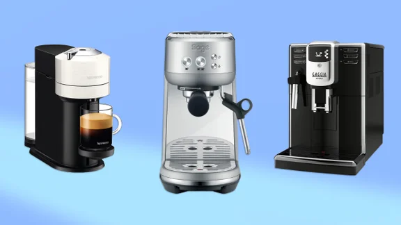 Three coffee machines on a blue background