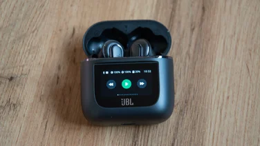 JBL Tour Pro 2 review - charging case open with playback controls