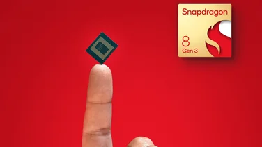 Snapdragon 8 Gen 3 announcement - Chipset on fingertip next to Snapdragon 8 Gen 3 logo