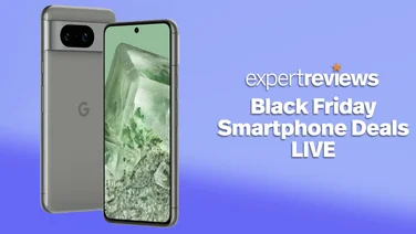 Black Friday smartphone deals live. Front and back of grey Google Pixel 8 on purple background