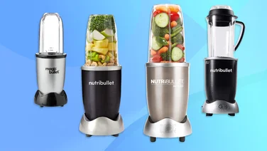 Composite image with four Nutribullet food processors on a blue background