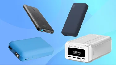Four power banks in a composite image set against a blue background