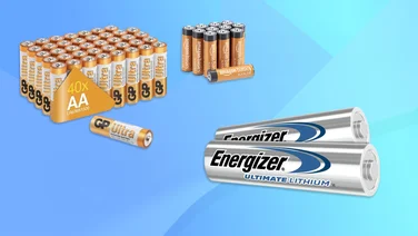 A group of AA batteries on a blue background