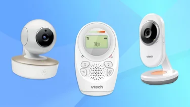 A selection of the best baby monitors against a blue background