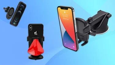 A trio of car phone holders with iPhones