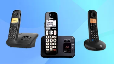 A selection of cordless phones against a blue background