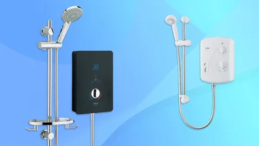 A pair of electric showers on a blue background