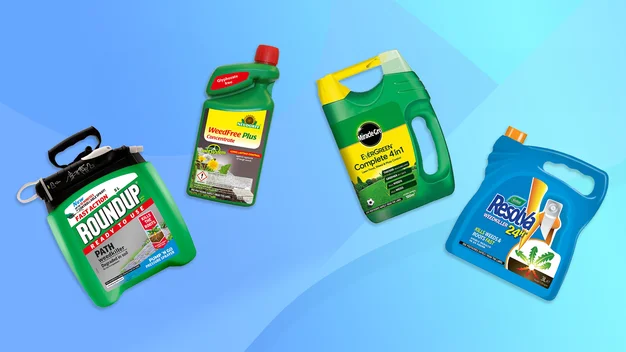 A roundup of the best weed killers arranged on a blue background