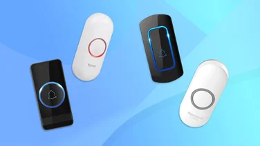 A collection of wireless doorbell bell pushes on a blue background