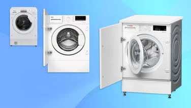 Three integrated washing machines composited onto a blue background