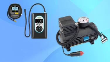 Three electric tyre inflators on a blue background