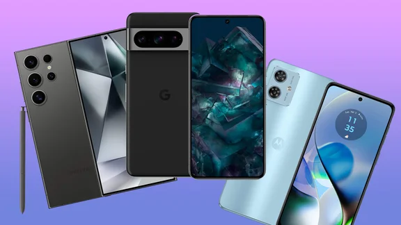 Our three top-rated Android phones - the Samsung Galaxy S24 Ultra, Google Pixel 8 and Motorola Moto G54 - against a warm pinkish to light blue gradient background