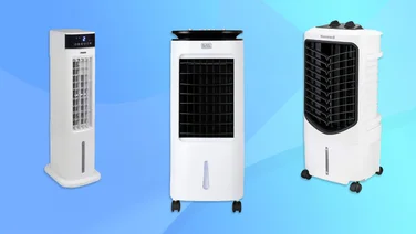 A roundup of the best air coolers against a blue background