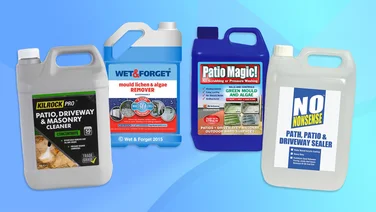 A selection of patio cleaner products on a blue background