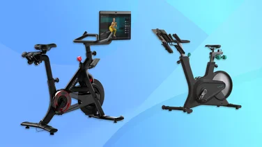 A pair of spin bikes on a blue background