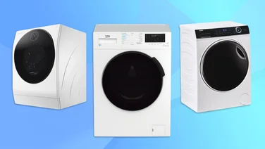 A selection of washer dryers against a blue backdrop