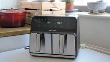 Salter dual digital air fryer close up on kitchen counter