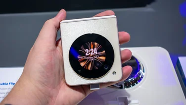 Nubia Flip 5G folded in hand, time showing on external display