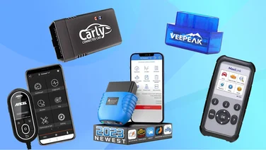 Five OBD-II scanners in a composite image against a blue background