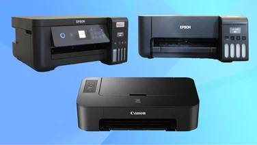 Three printers in a composite image against a blue background