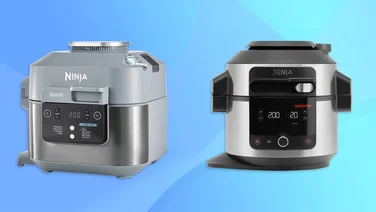 Ninja Foodi vs Ninja Speedi - featured. The Ninja Speedi 10-in-1 and the Ninja Foodi 11-in-1 multi cookers side by side on a blue background