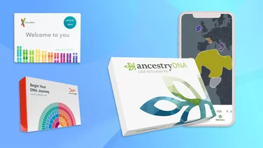 Best DNA test - Ancestry, 23andMe and FamilyTreeDNA against a blue gradient background